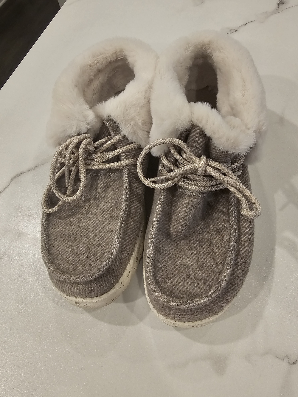 Hey Dude Women's Faux-Fur Trim Slip-On Loafers in Taupe